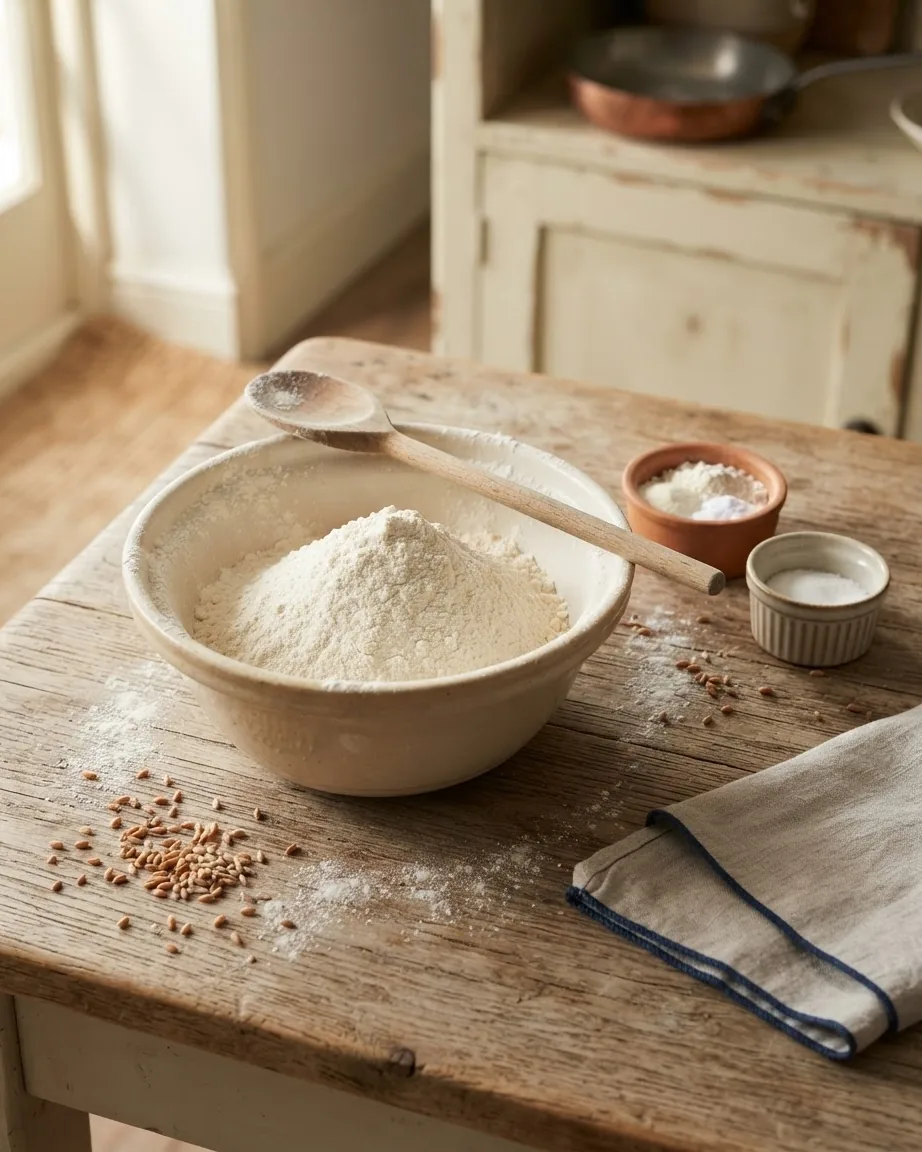 Close-up illustrating what makes a scone "authentic": self-raising flour and its substitute