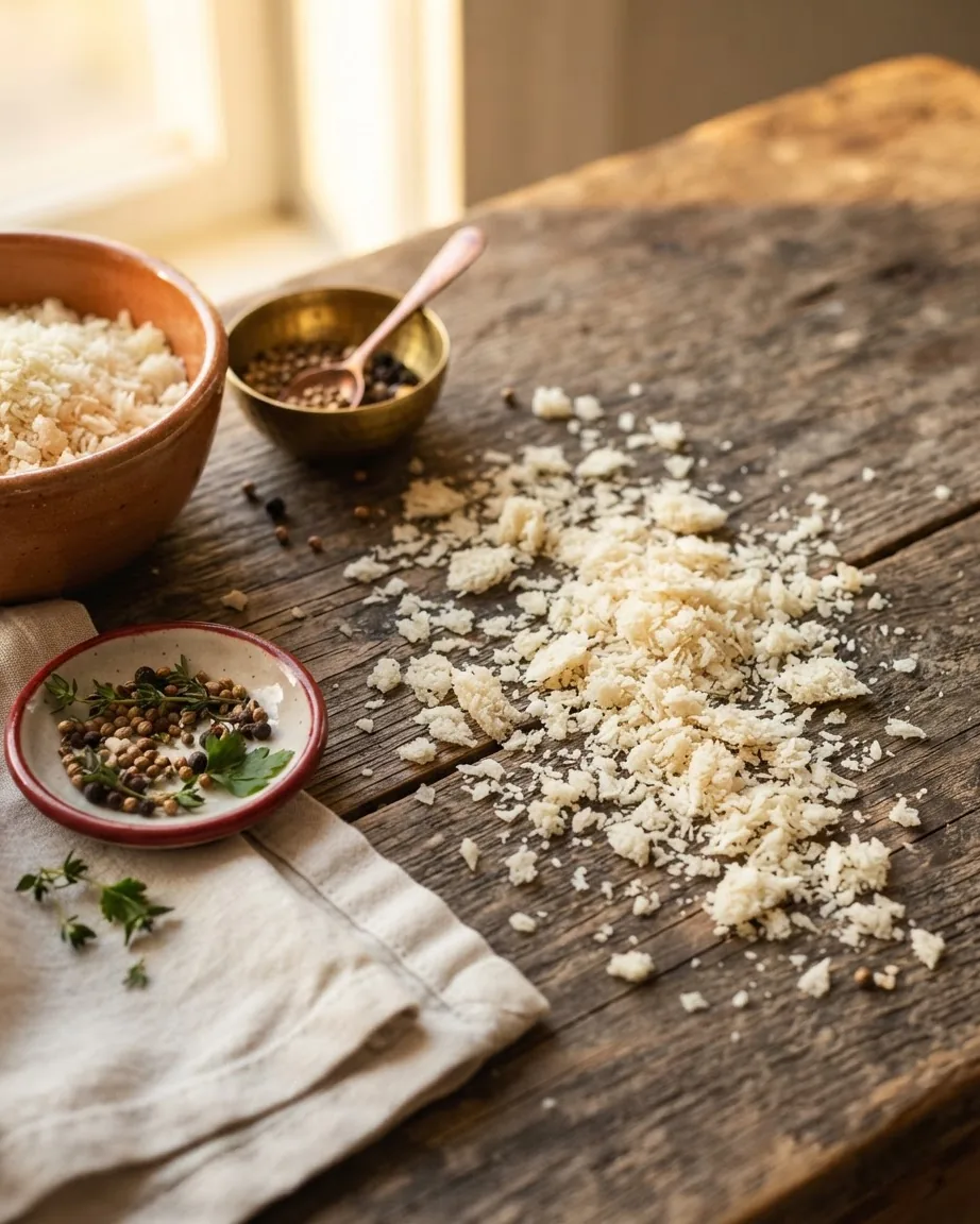 Pale, jagged bread crumbs scattered across a rustic wooden table beside bowls and spices.
