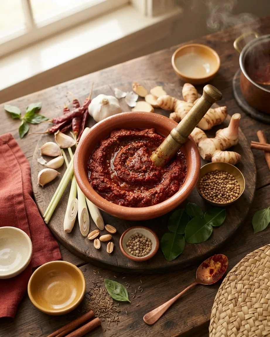 Red curry paste in a clay bowl surrounded by chilies, garlic, lemongrass, galangal, lime leaves, and spices.