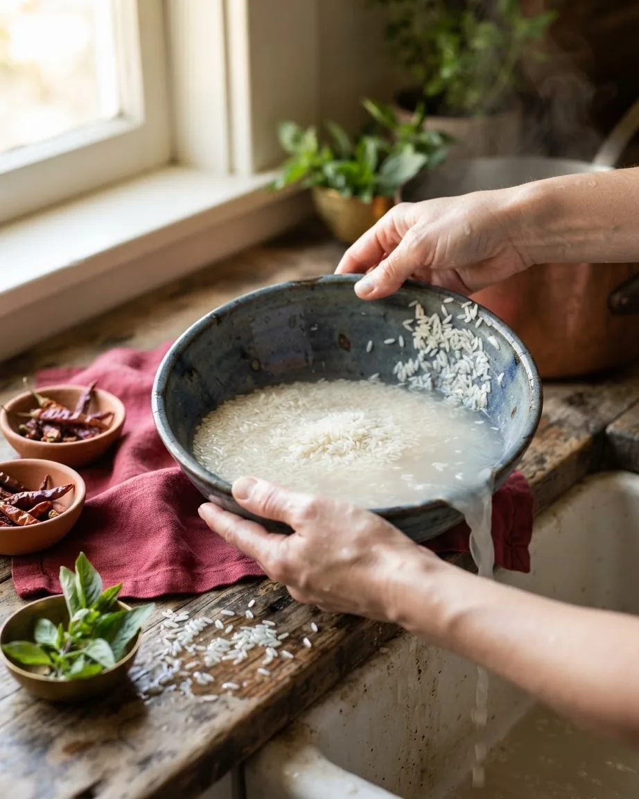 Hands tip a bowl of wet white rice, draining cloudy rinsing water over a sink.