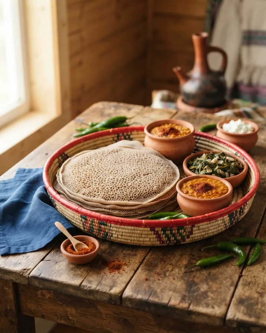 Close-up illustrating which country's injera this follows, and whose recipe