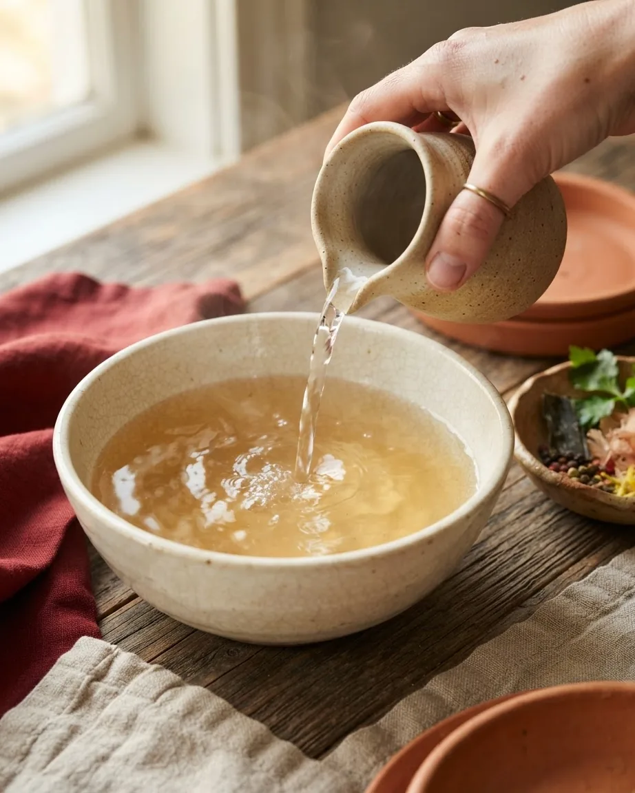 A hand pours clear liquid from a small ceramic pitcher into a bowl of pale golden broth.