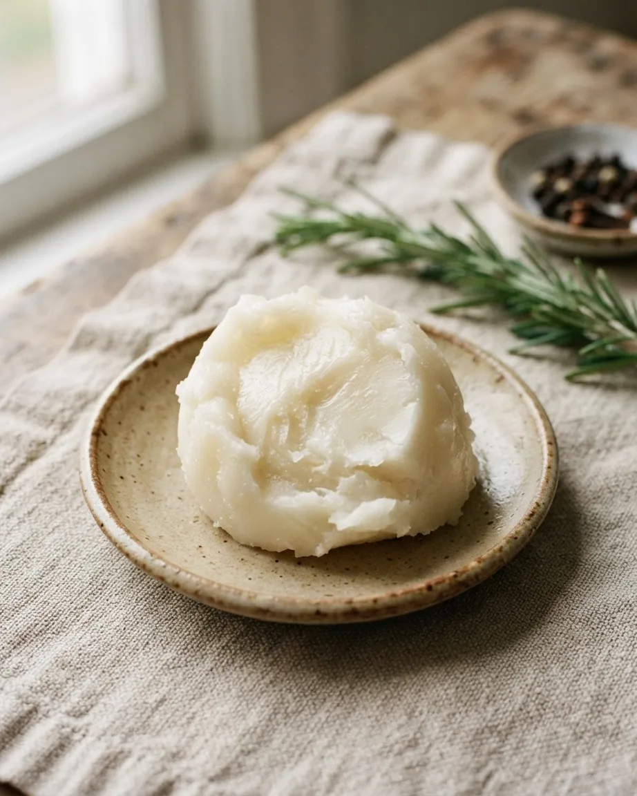 A mound of solid white coconut oil sits on a small ceramic plate beside rosemary and peppercorns.