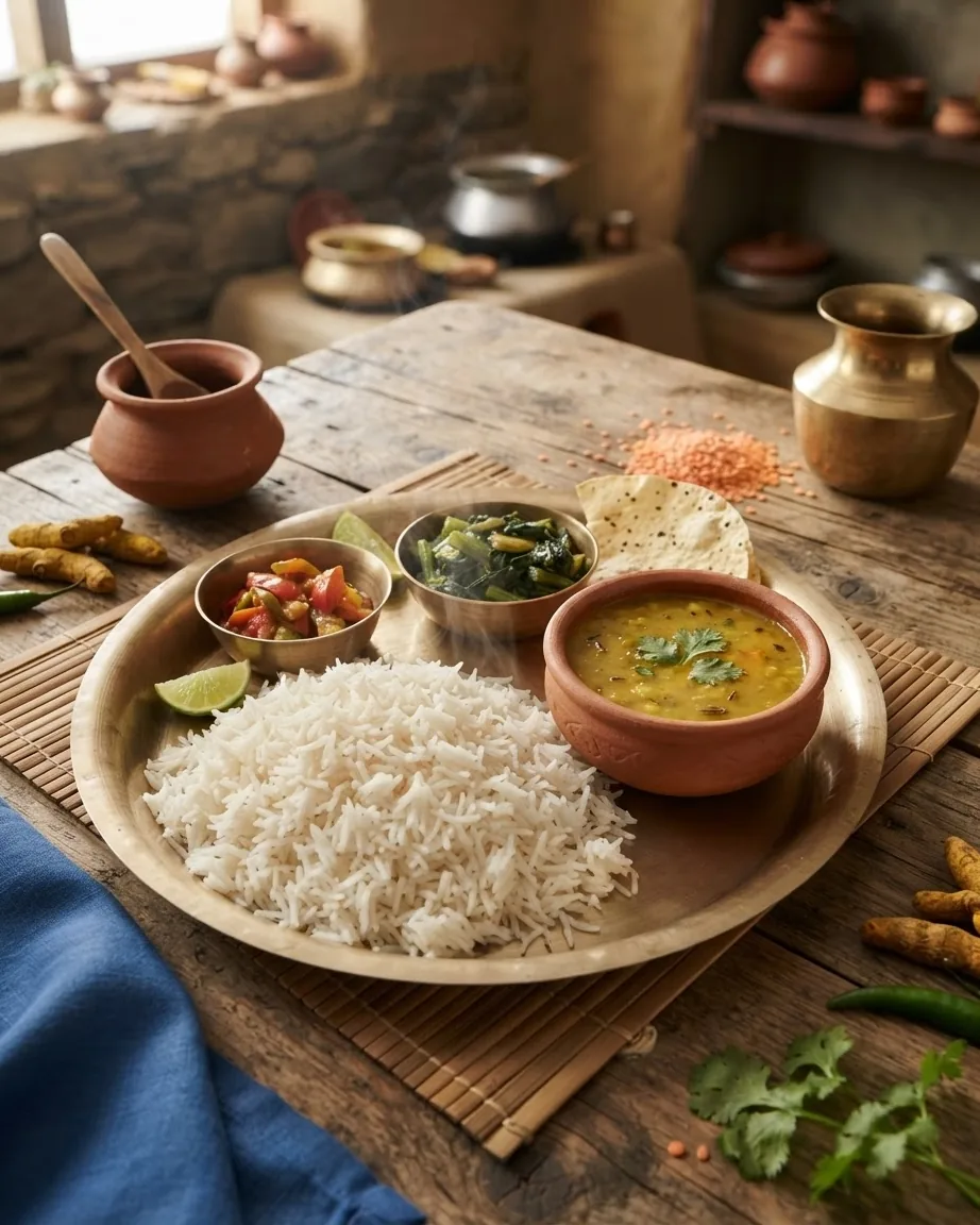 Close-up illustrating which regional version this follows, and where dal bhat comes from