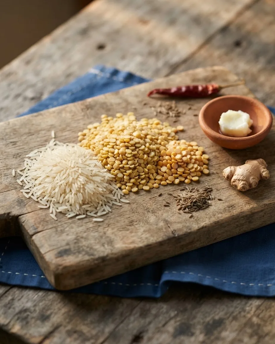 Close-up illustrating which rice and which dal actually belong in khichdi