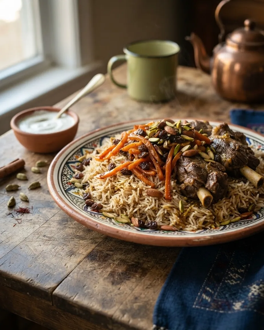 Close-up illustrating whose kabuli palaw this is: Farida Ayubi's recipe in Parwana