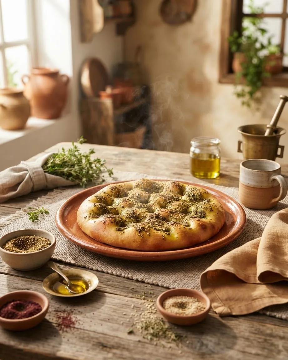Dimpled herb-topped manakish rests on a terracotta plate on a rustic kitchen table.
