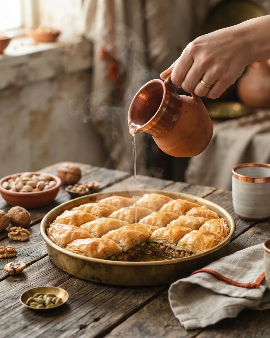 A hand pours clear syrup from a copper pitcher over golden baklava in a round baking tray.
