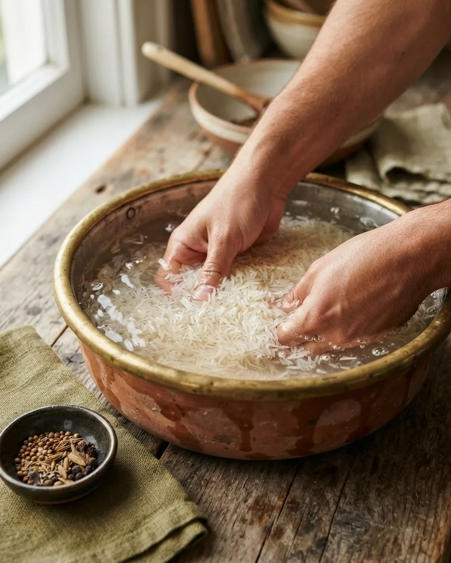Hands and forearms soak and rinse long-grain rice in a wide bowl of water on a wooden table.