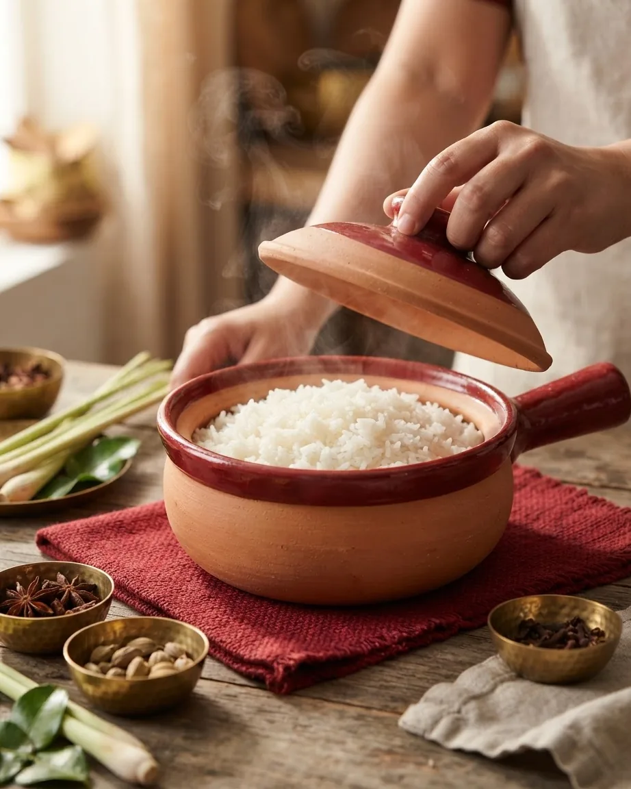 A hand lifts a clay pot lid as steam rises from freshly cooked white rice.