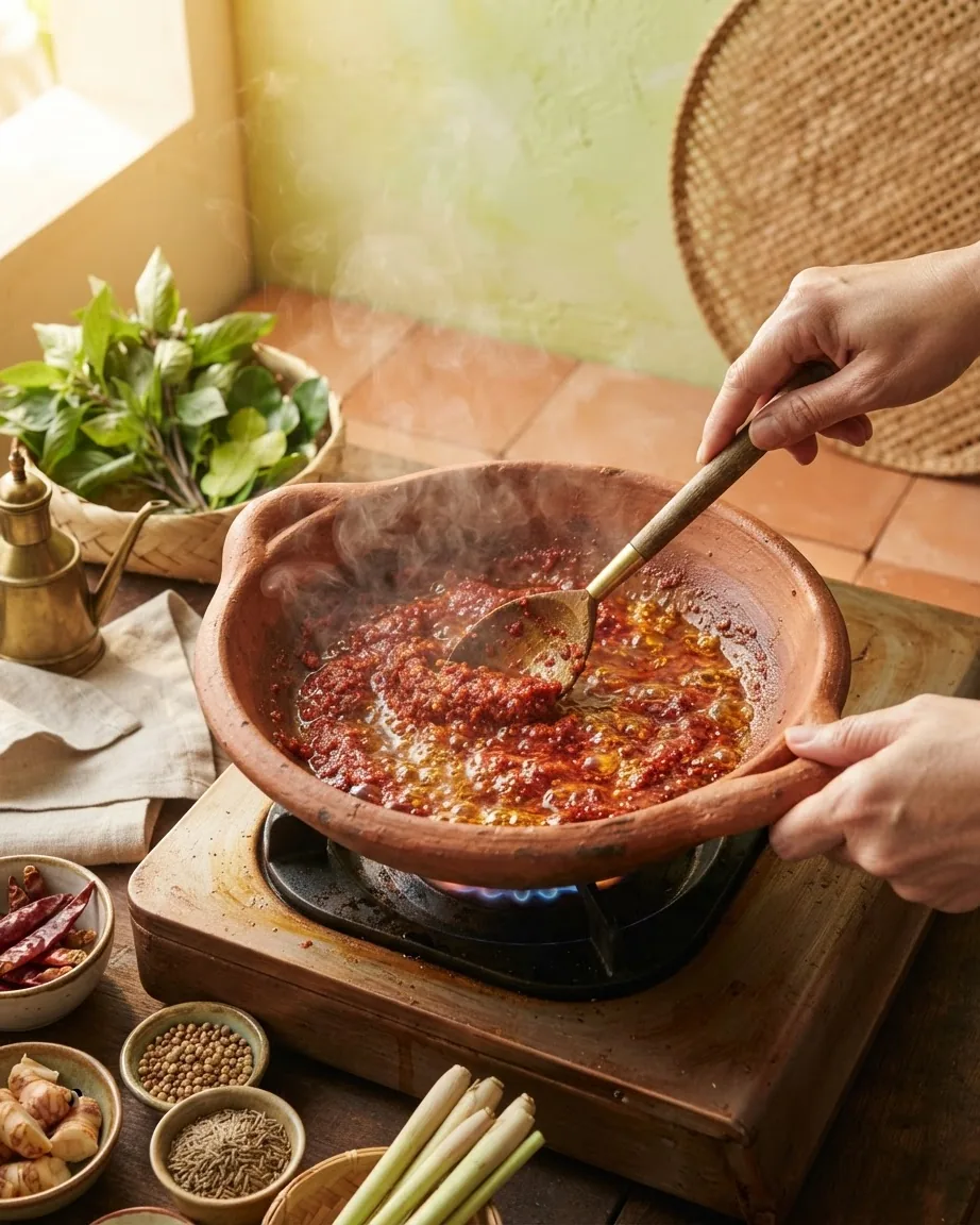 Hands stir sizzling red curry paste in oil in a clay pan over a gas flame.