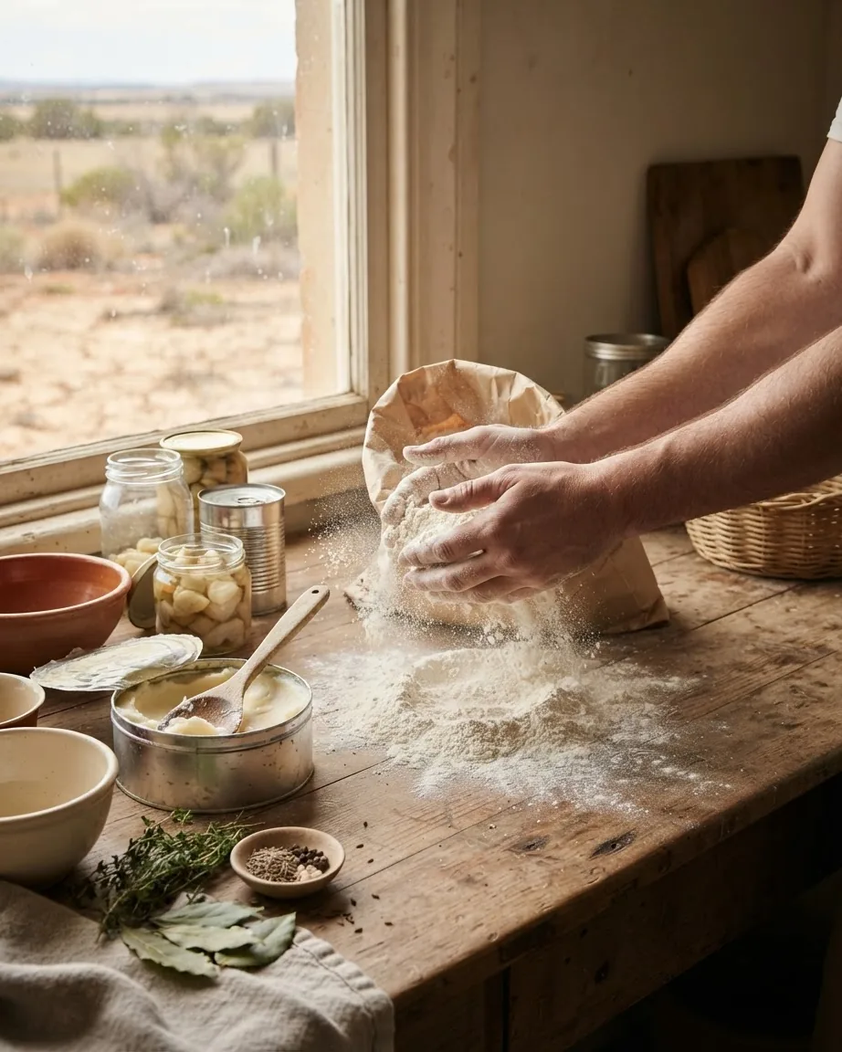 Flour-covered hands work over an open flour sack beside canned goods, jars, and a tin of fat on a wooden table.