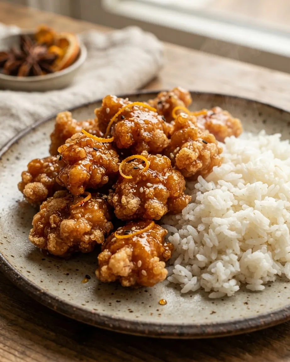 Crispy orange-glazed chicken garnished with sesame seeds and orange zest beside white rice on a ceramic plate.