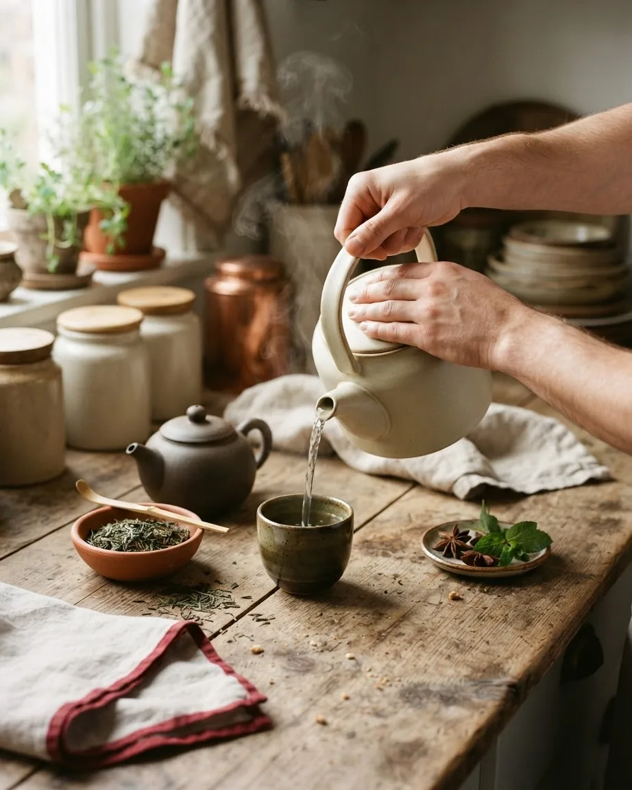 Hands pour hot water from a ceramic kettle into a small cup on a rustic wooden table surrounded by tea utensils and herbs.