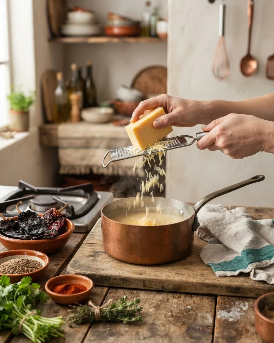 Hands grate a block of cheese over a steaming copper saucepan, surrounded by dried chiles, spices, and fresh herbs.