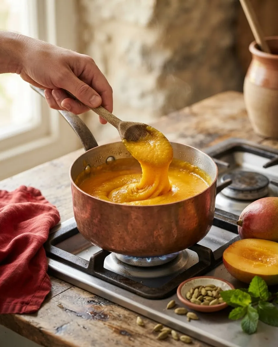 A hand stirs thick golden mango puree in a copper saucepan over a gas flame, with fresh mango and spices nearby.