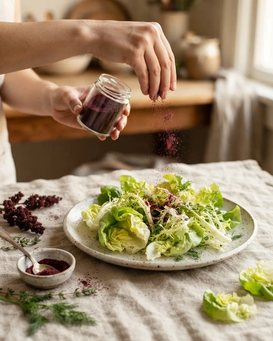 Hands sprinkle dark red sumac from a glass jar over a leafy green salad on a ceramic plate.