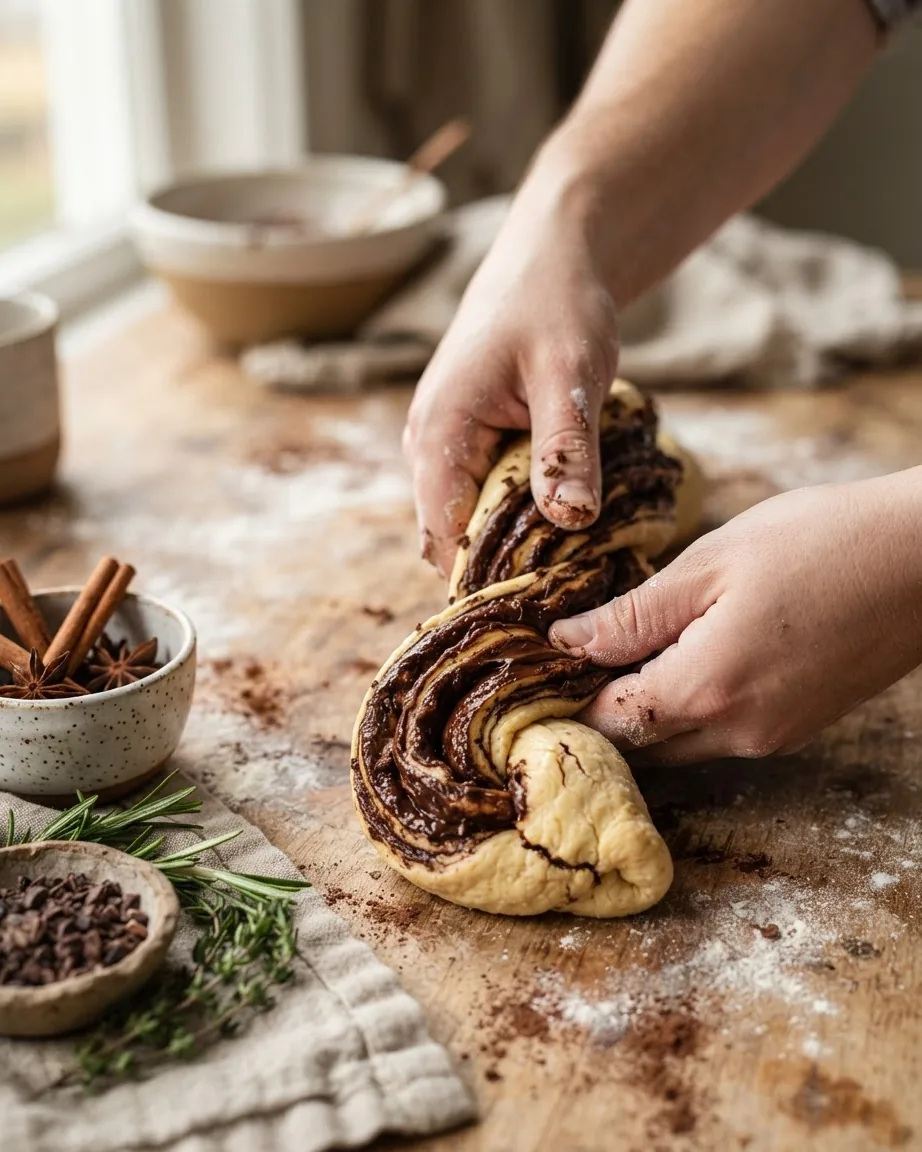 Flour-dusted hands twist chocolate-filled dough into a braided loaf on a rustic wooden counter.