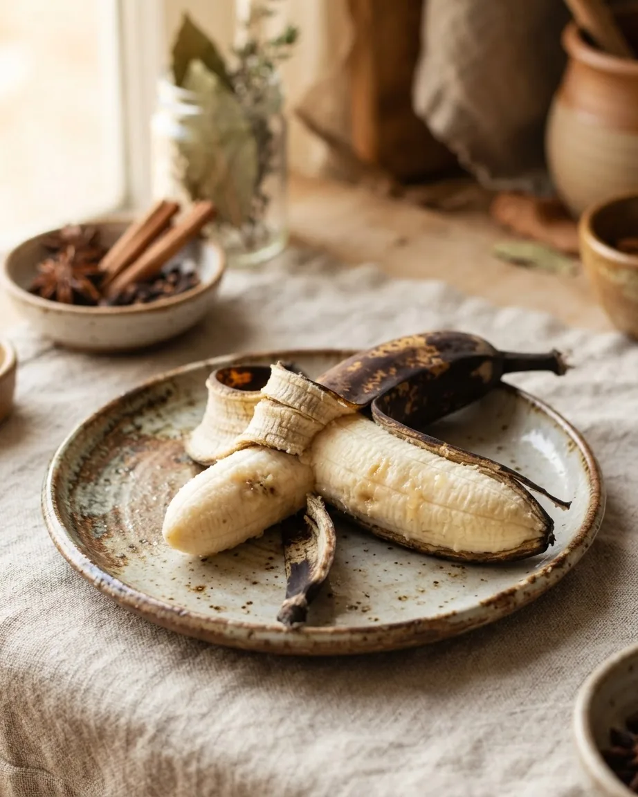 A very ripe dark-skinned banana lies partly peeled on a rustic ceramic plate.