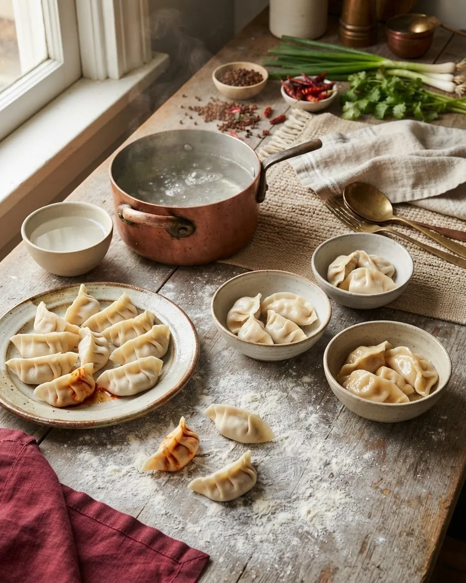 A steaming copper pot of boiling water sits beside plates and bowls of dumplings, herbs, and spices on a wooden table.