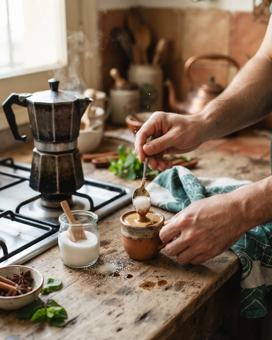 Hands add sugar from a spoon into a small cup of espresso beside a steaming moka pot on a rustic kitchen counter.