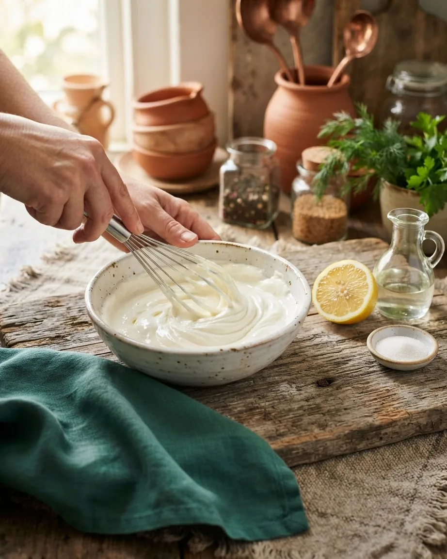 Hands whisk a creamy white sauce in a bowl beside lemon, vinegar, sugar, and herbs.