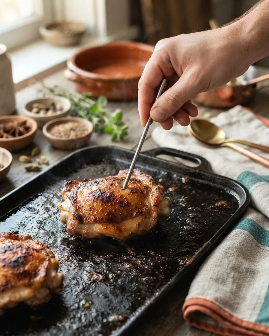 A hand inserts a metal thermometer into a browned chicken thigh on a hot griddle.