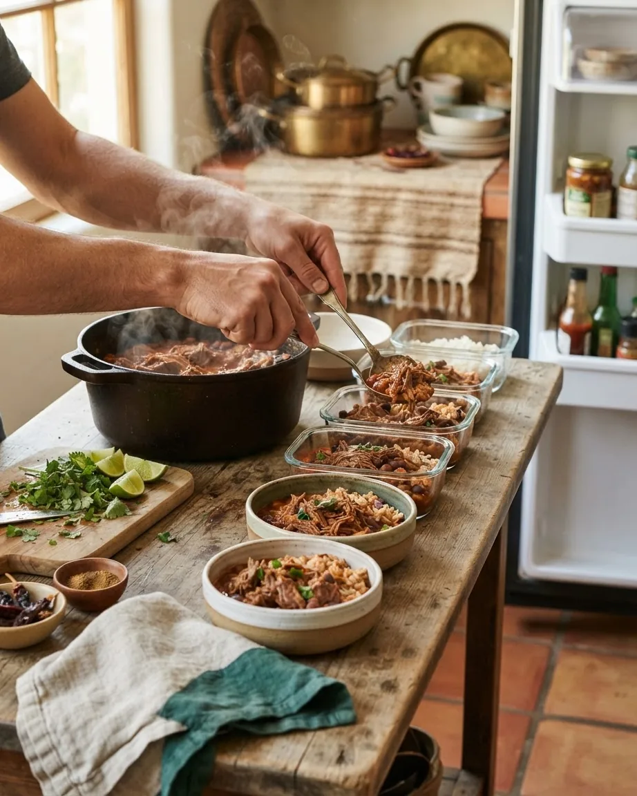 Hands portion steaming shredded meat and rice from a large pot into shallow containers beside an open refrigerator.