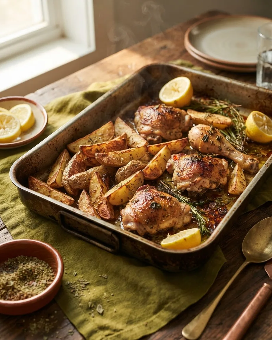 Browned chicken pieces and crisp potato wedges roast with lemon and herbs in a metal oven pan.