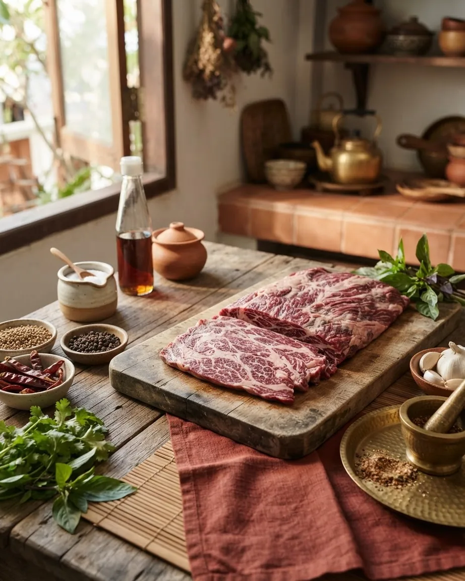 Two thick cuts of raw marbled beef on a wooden cutting board, surrounded by herbs, spices, and garlic in a rustic kitchen.