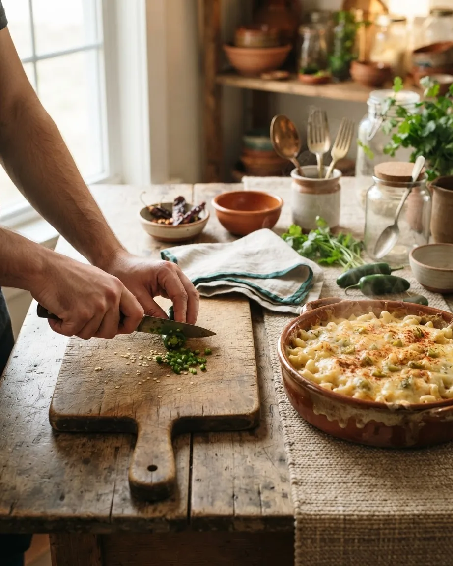 Hands chop a green jalapeño on a wooden cutting board beside a baked dish of creamy macaroni and cheese.