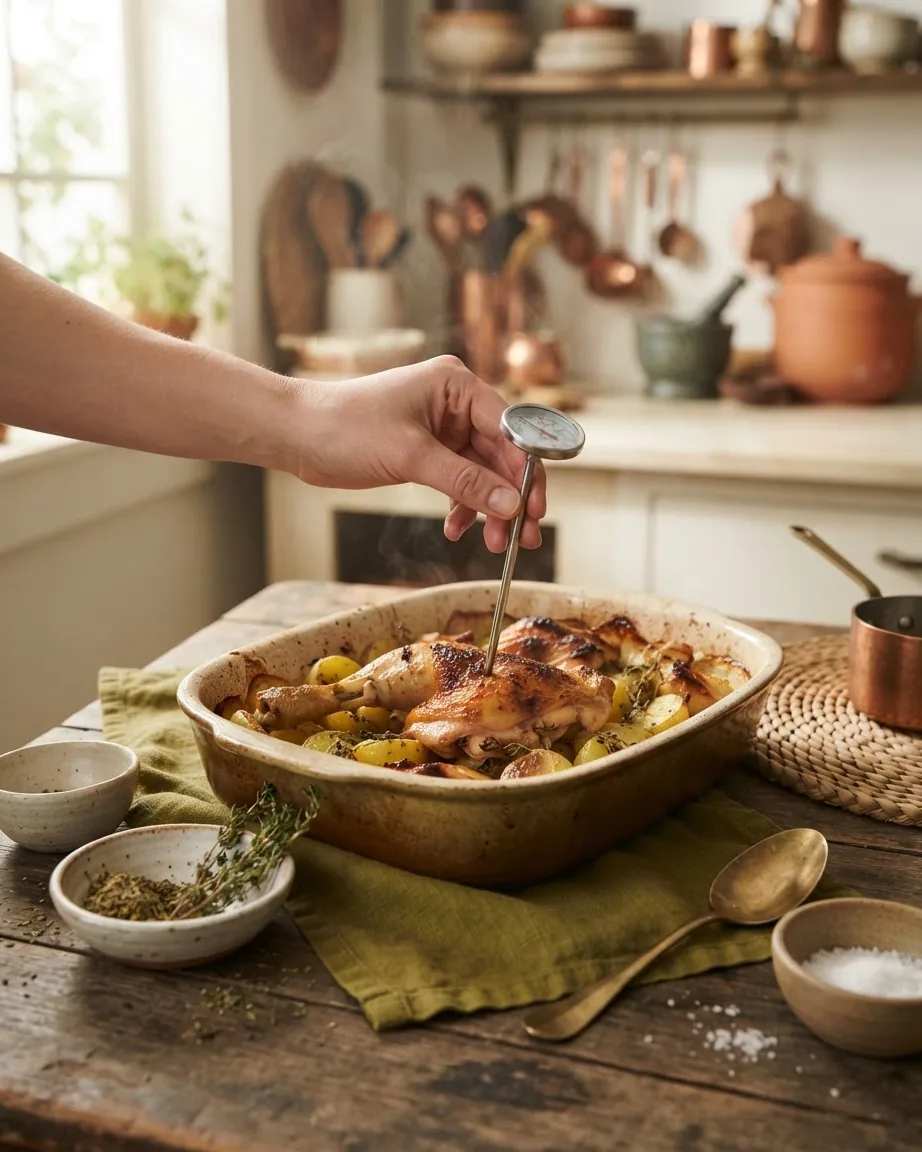 A hand checks roasted chicken and potatoes in a baking dish with a probe thermometer.