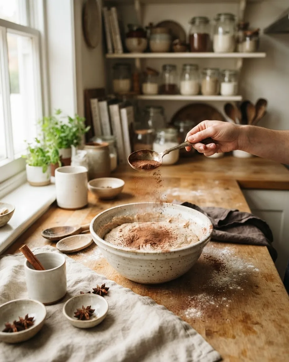 A hand sprinkles dark cocoa powder from a spoon over a bowl of pale batter on a rustic wooden kitchen counter.