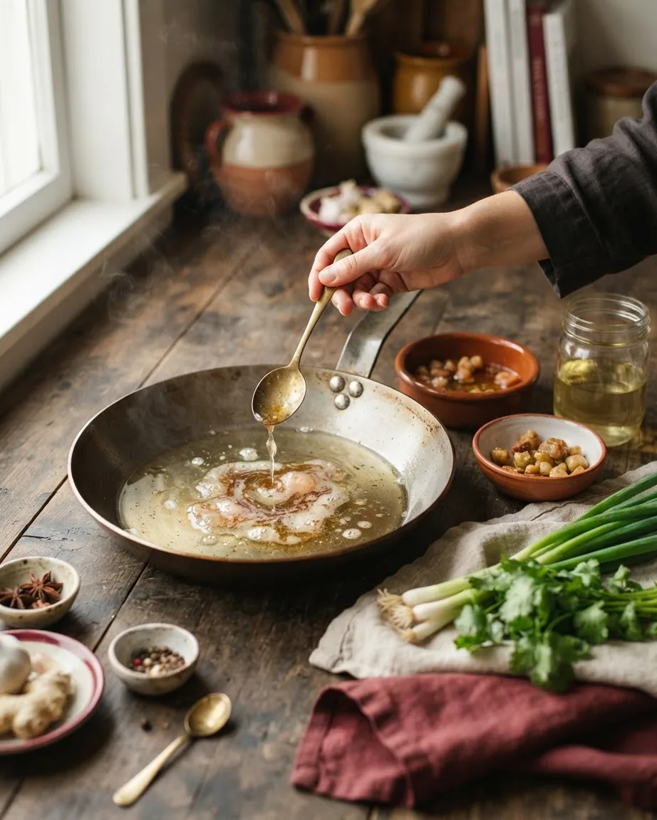 A hand holds a brass spoon over a pan of melted fat and oil, surrounded by scallions, herbs, and small bowls.