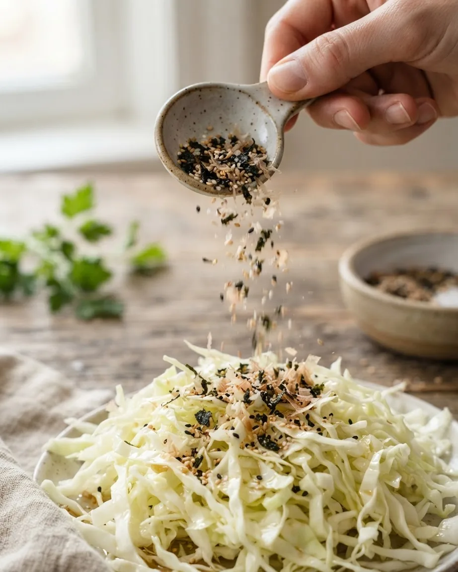 A hand tilts a ceramic spoon, sprinkling sesame seeds, seaweed flakes, and seasoning onto shredded cabbage.