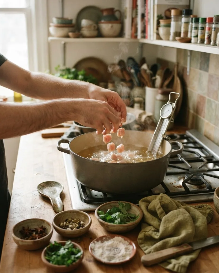 Hands lower small cubes of raw chicken into bubbling oil in a large pot with a thermometer clipped to its rim.
