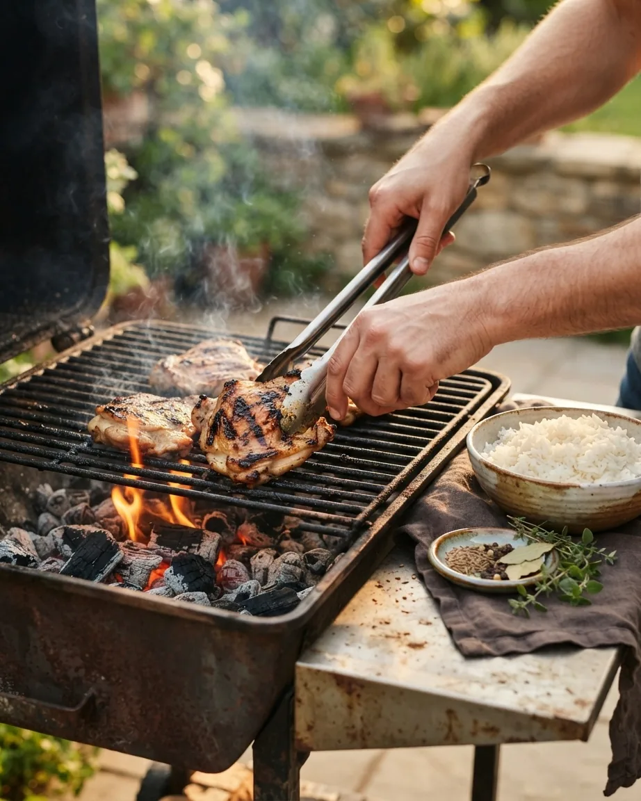 Hands use tongs to turn grilled chicken thighs beside flames, with a bowl of rice nearby.