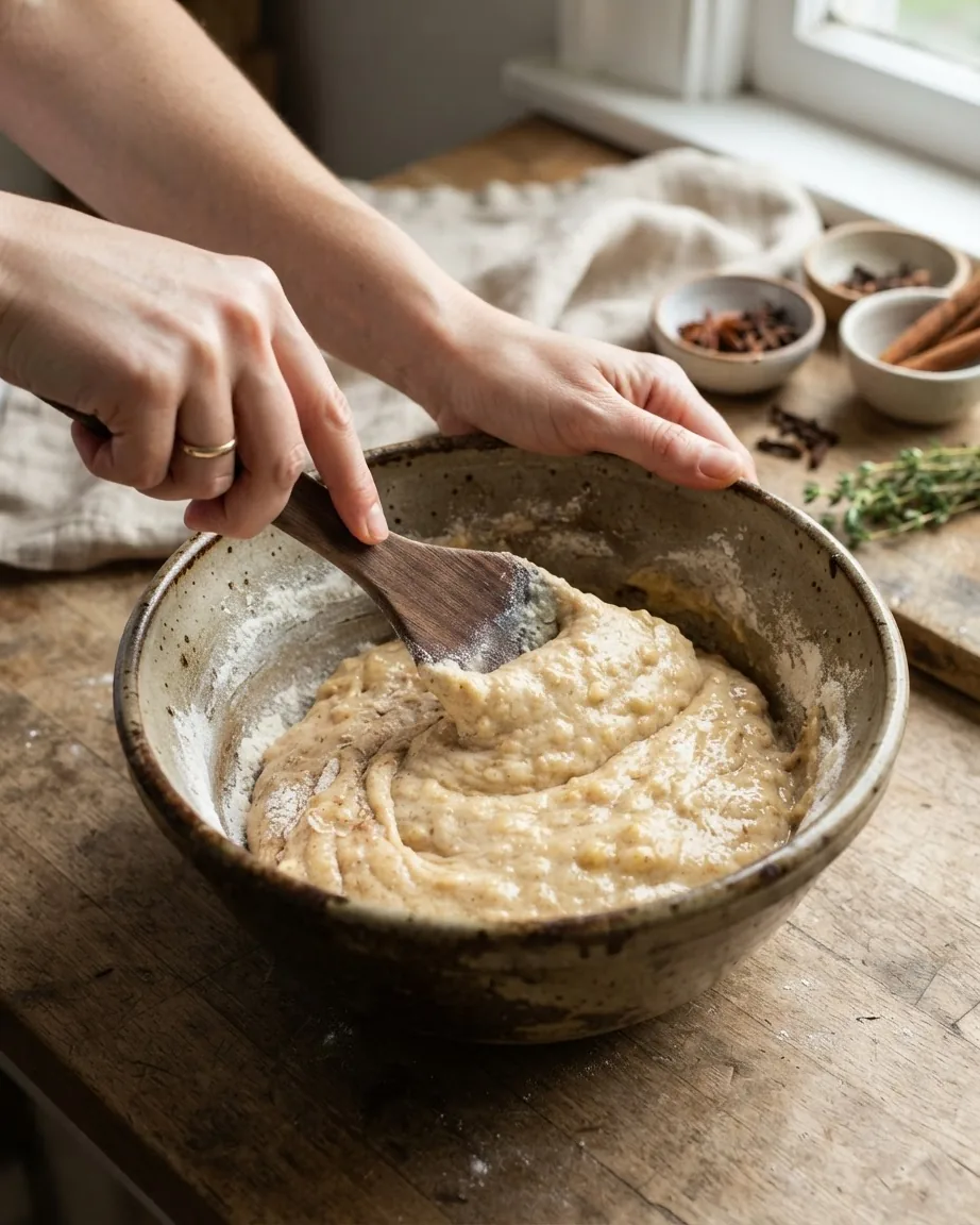 Hands fold thick banana bread batter in a ceramic bowl with a wooden spatula.