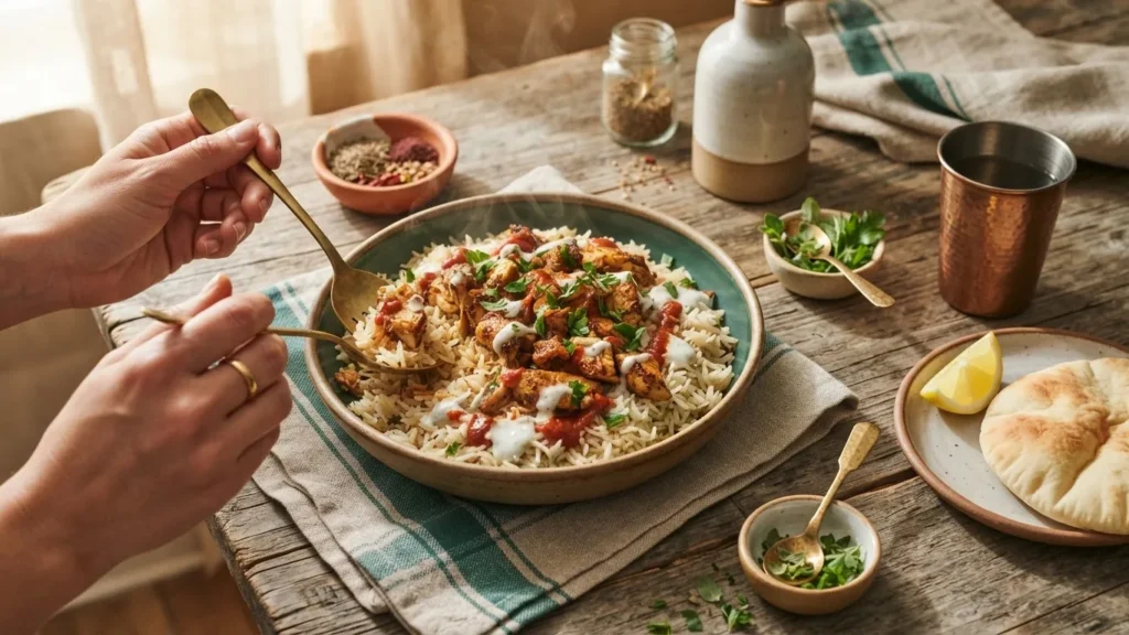 Spiced chicken over seasoned rice with white and red sauces, herbs, pita, and two hands holding utensils.