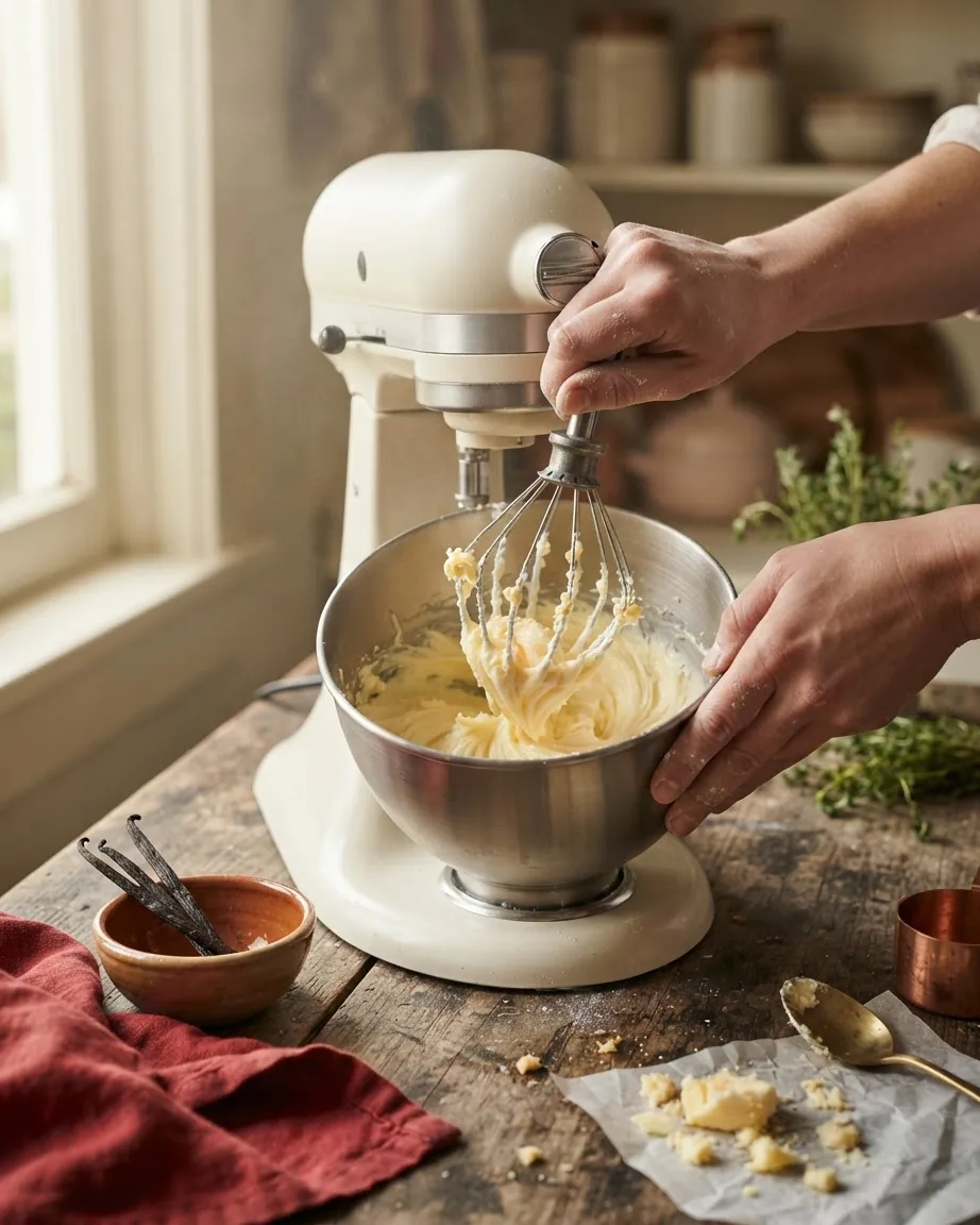 Hands hold a wire whisk coated in pale creamy butter above a stainless steel bowl on a stand mixer.