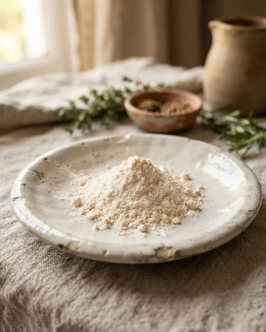 A mound of pale flour on a rustic ceramic plate, surrounded by herbs, a small bowl, and a clay pitcher.