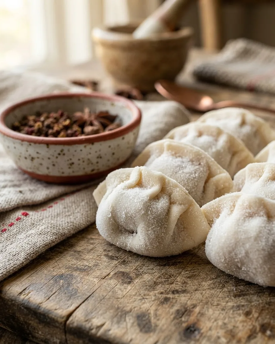 Frost-covered uncooked dumplings rest on a rustic wooden board beside a bowl of spices and folded linen.