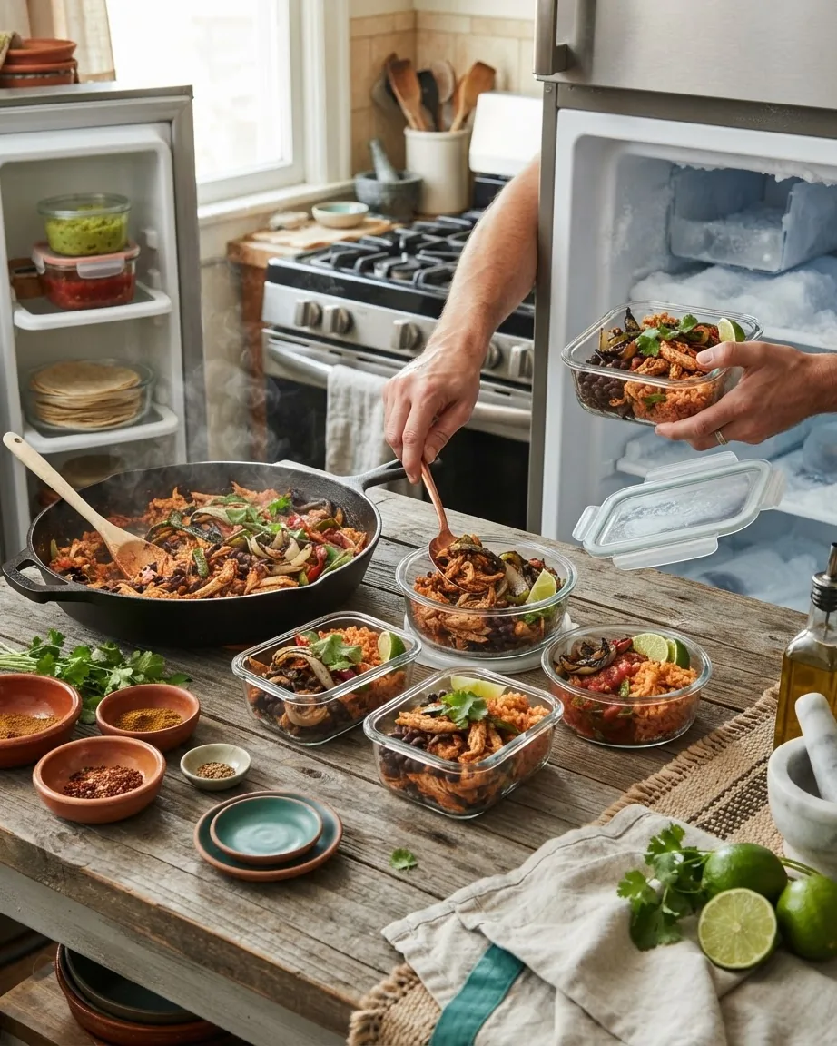 Hands portion Mexican-style rice, beans, and vegetables into glass containers beside an open fridge and freezer.