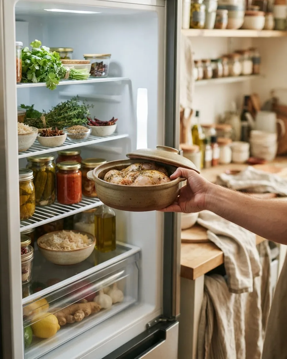 A hand holds a covered pot of seasoned raw chicken beside an open refrigerator stocked with herbs and jars.