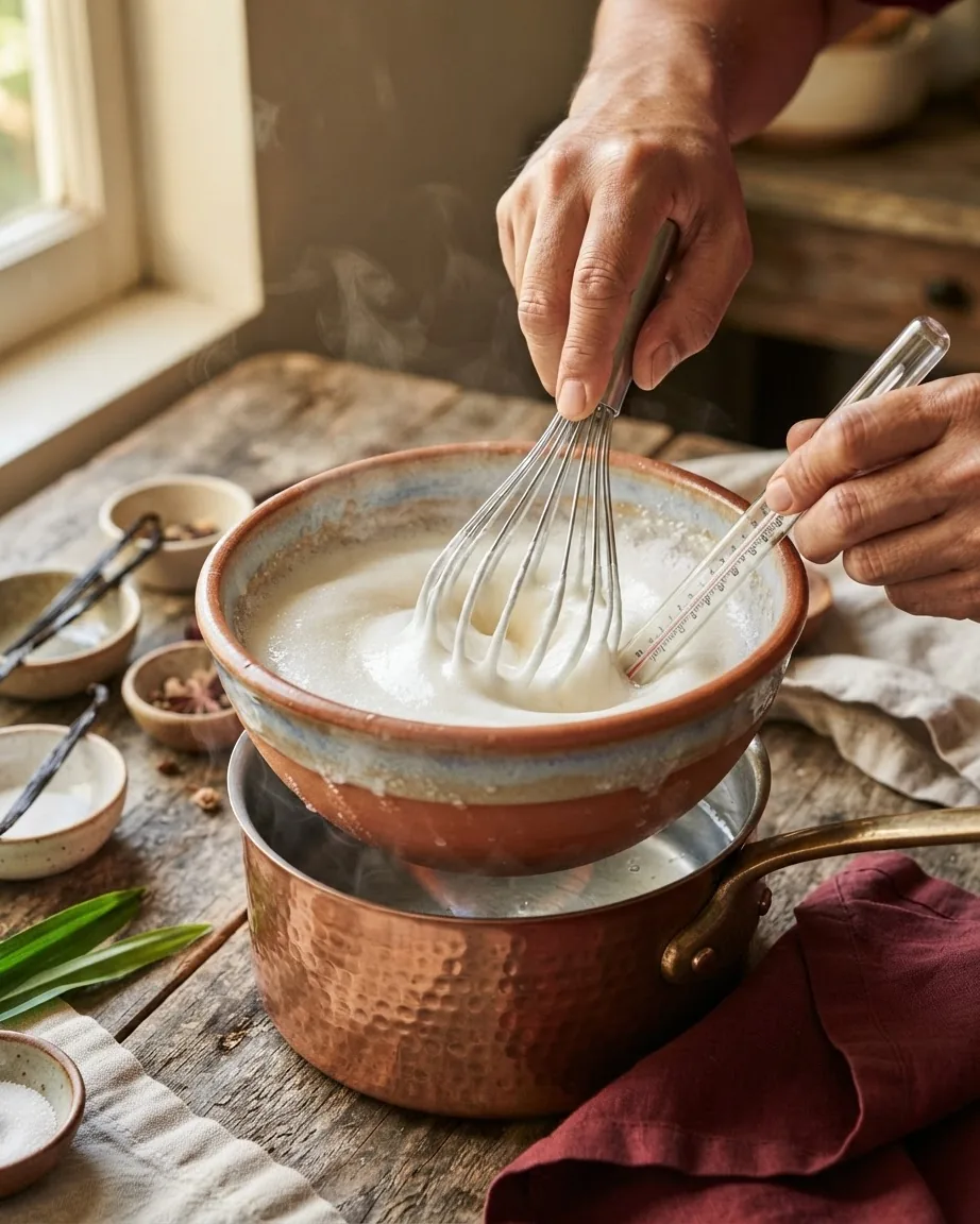 Hands whisk a white foamy mixture in a ceramic bowl over steaming water while holding a cooking thermometer.