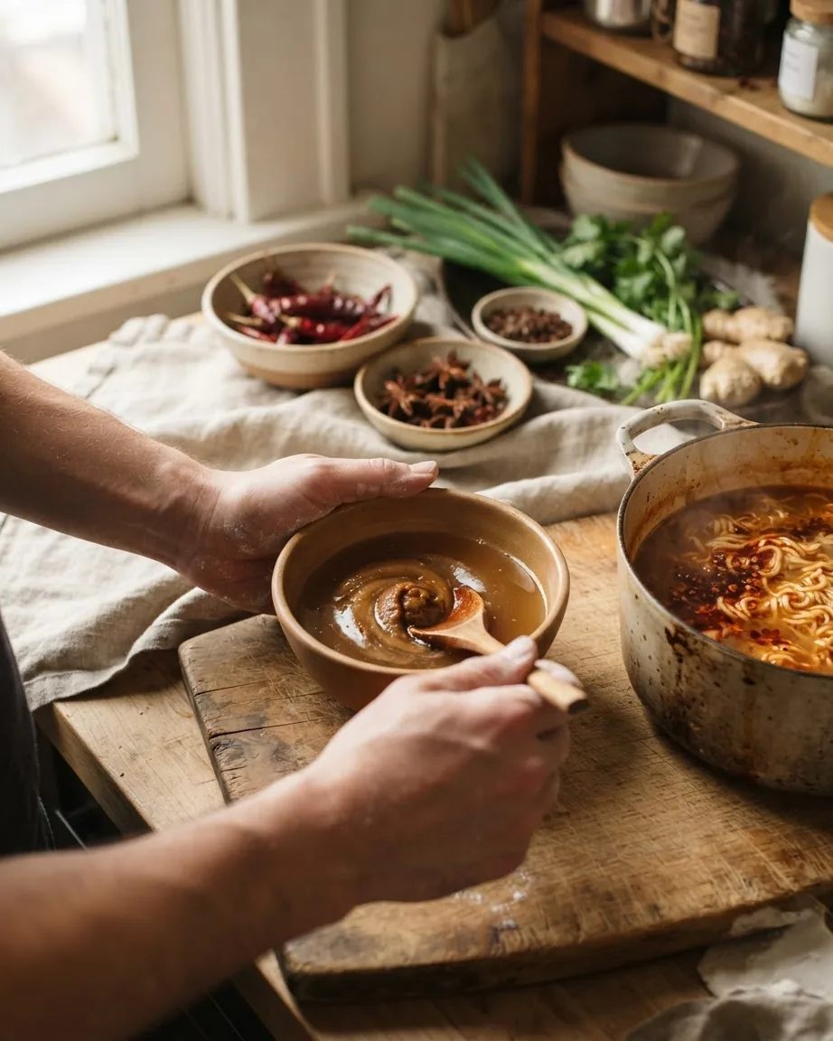 Hands stir brown miso paste in a ceramic bowl beside a pot of spicy ramen noodles and fresh ingredients.