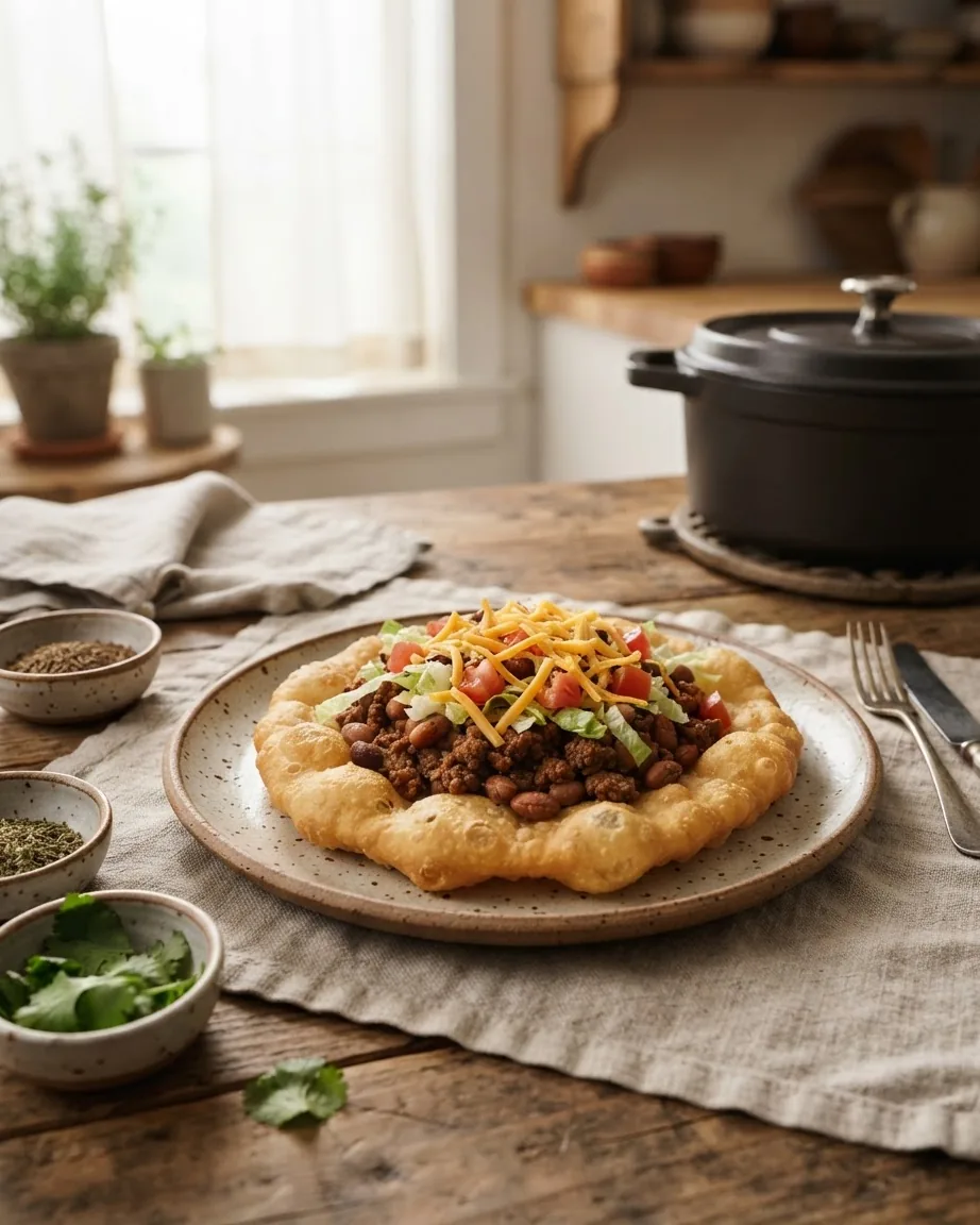 A round of golden fried bread topped with ground beef, beans, lettuce, tomatoes, and shredded cheese on a ceramic plate.