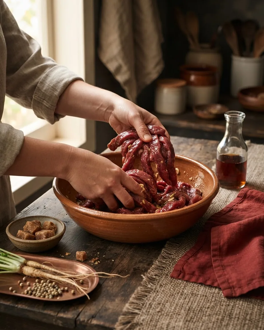 Hands lift raw beef strips coated in marinade from a ceramic bowl on a rustic kitchen table.