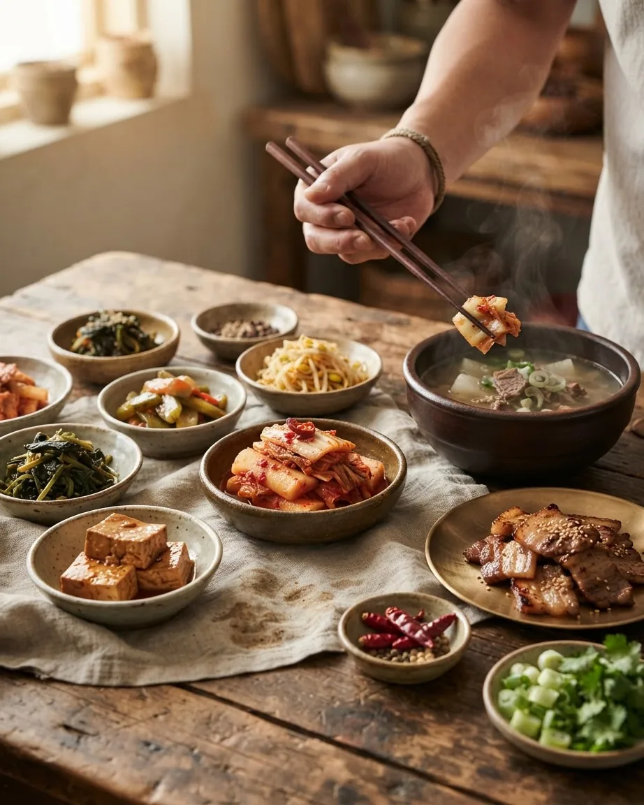 A hand lifts food with chopsticks above a steaming soup, surrounded by kimchi, vegetables, tofu, and grilled meat.