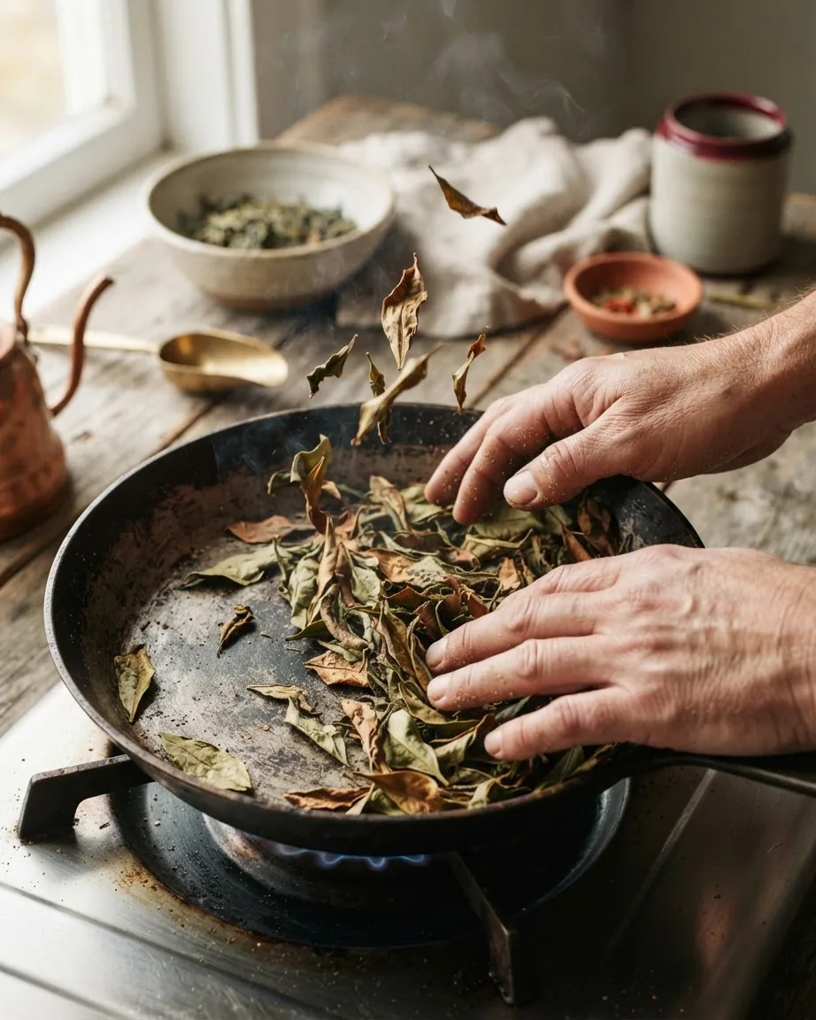 Hands spread dried brown and green leaves in a black pan over a gas flame on a rustic kitchen stove.